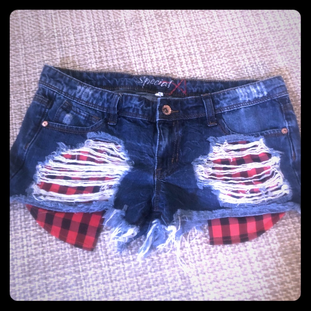 Special A Jean Shorts with Buffalo Plaid pockets